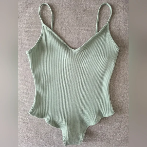 Lulus Sage Green Ribbed Bodysuit Cami | Size XL | Soft Stretch Fitted Tank - Picture 2 of 5